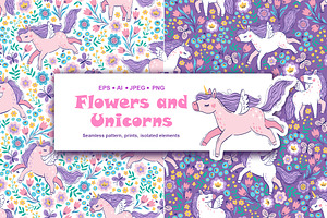 Flowers and Unicorns Patterns, a Pattern Graphic by Nataliia Toporovska