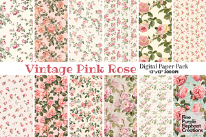 Vintage Pink Roses Flowers Floral, a Pattern Graphic by Fine Purple Elephant