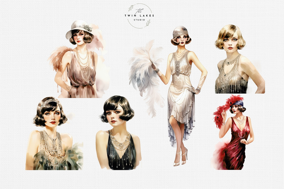 Watercolor Flapper Girls Clipart Set, a Person Illustration by The Twin Lakes Studio (Photo 5 of 11)