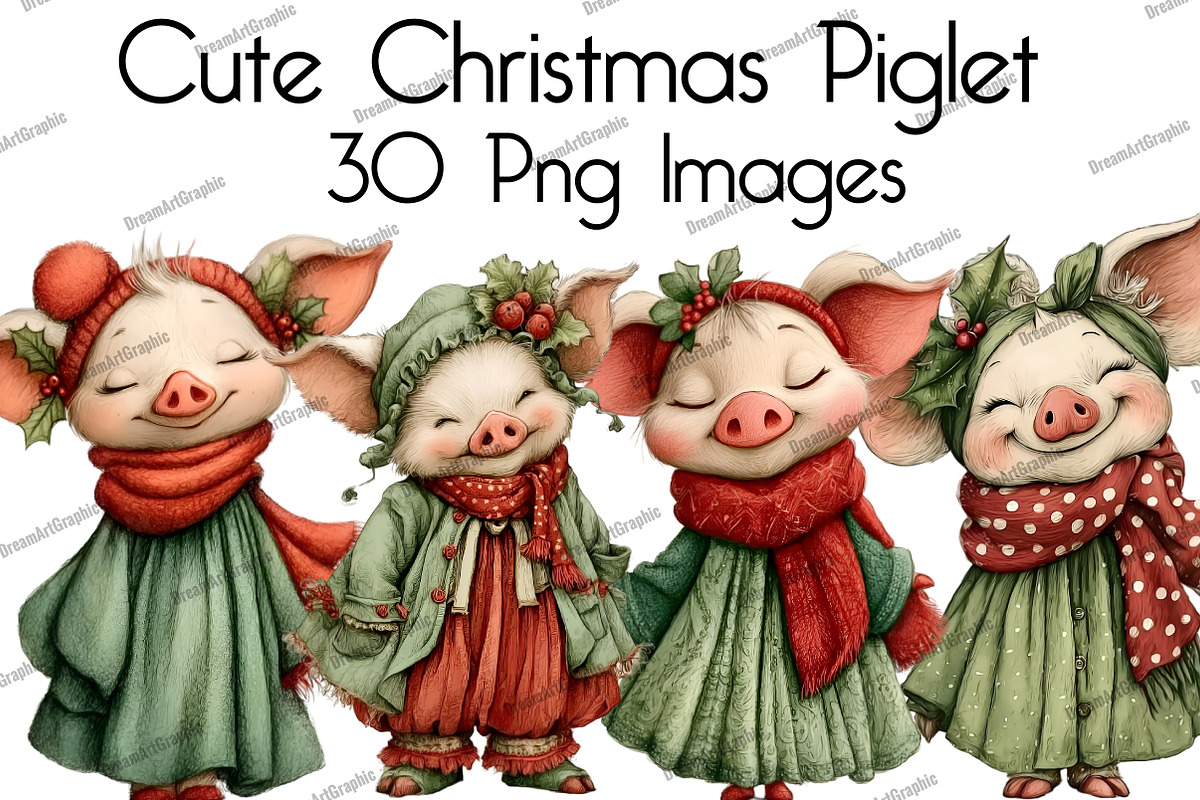 Cute Christmas Piglet Clipart, an Illustration by DreamArtGraphic (Photo 1 of 5)