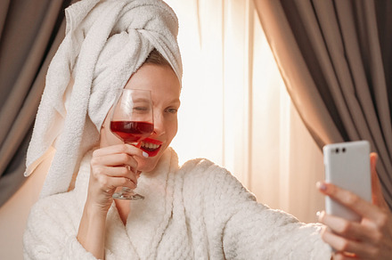 Drink selfie weekend vlog woman alcohol wine phone, a Person Photo by Photo Drive Studio