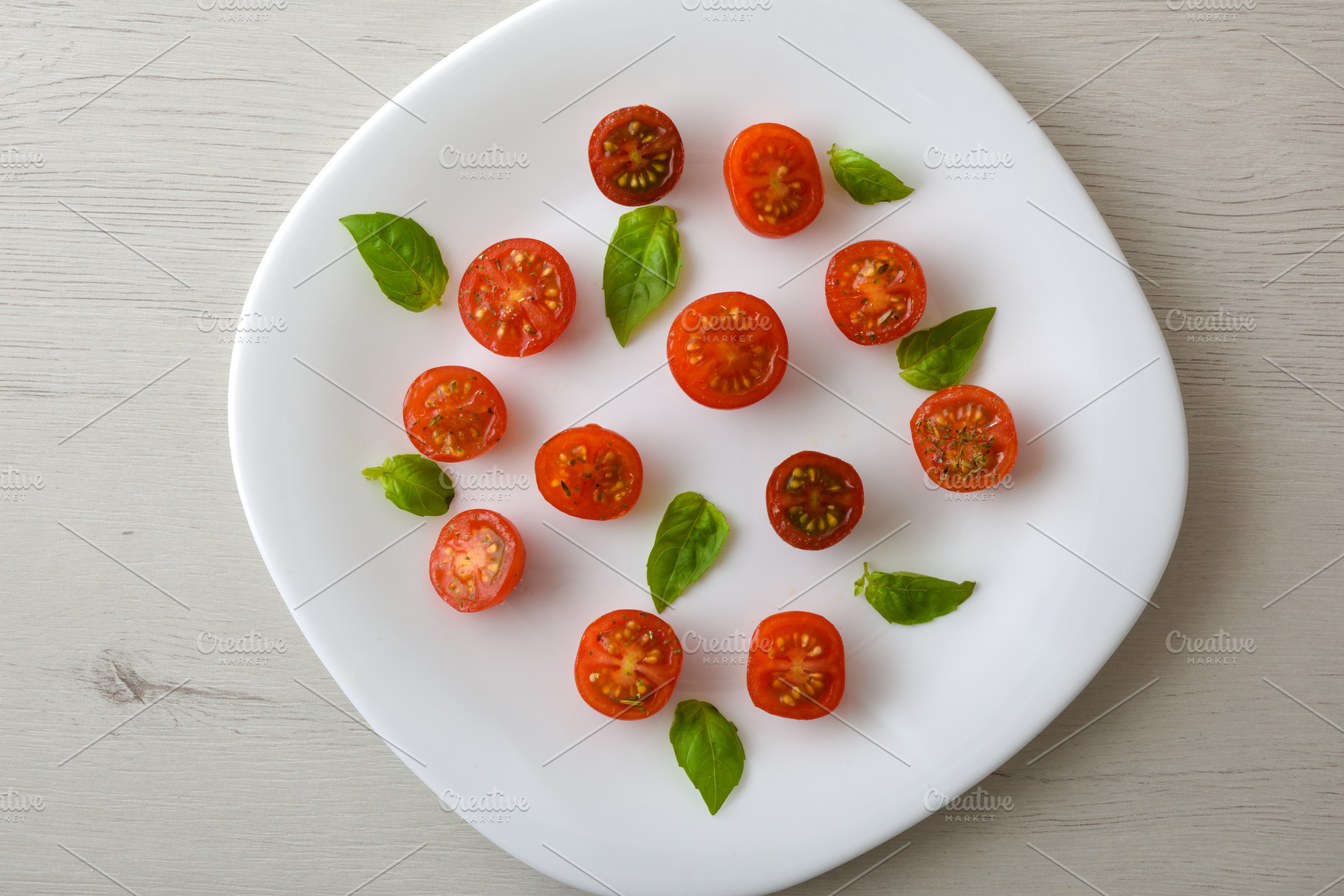 Fresh Sliced Tomatoes and Basil on a White Plate, a Food & Drink Photo by Davizro's Market