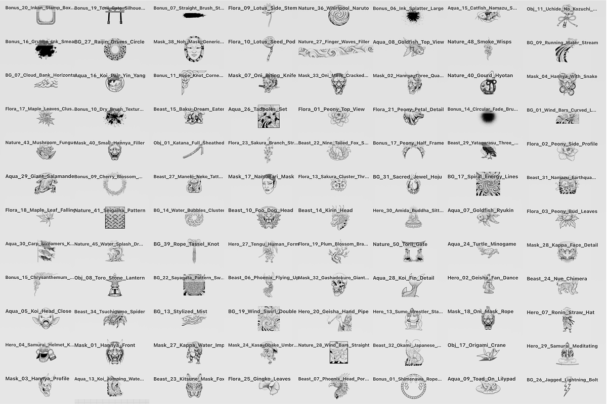 250 Japanese Tattoo Procreate Stamps, a Brush Add-On by Selentaori Studio (Photo 2 of 11)