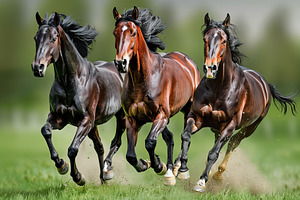 Three brown horses run gallop on green field, an Animal Photo by AlyaAnd