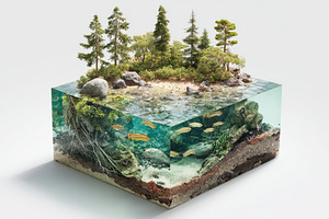 Miniature island ecosystem in glass, a Photo by Pixeness Studio