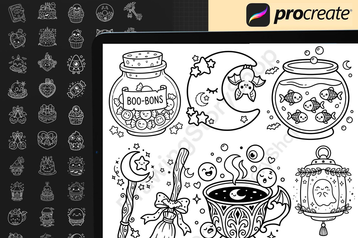 200 Procreate Spooky Doodle Stamps, a Brush Add-On by DrawingStoryShop (Photo 4 of 6)