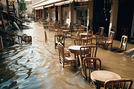 Flooding in Spain, with washed out street, destroyed furniture and garbage floa