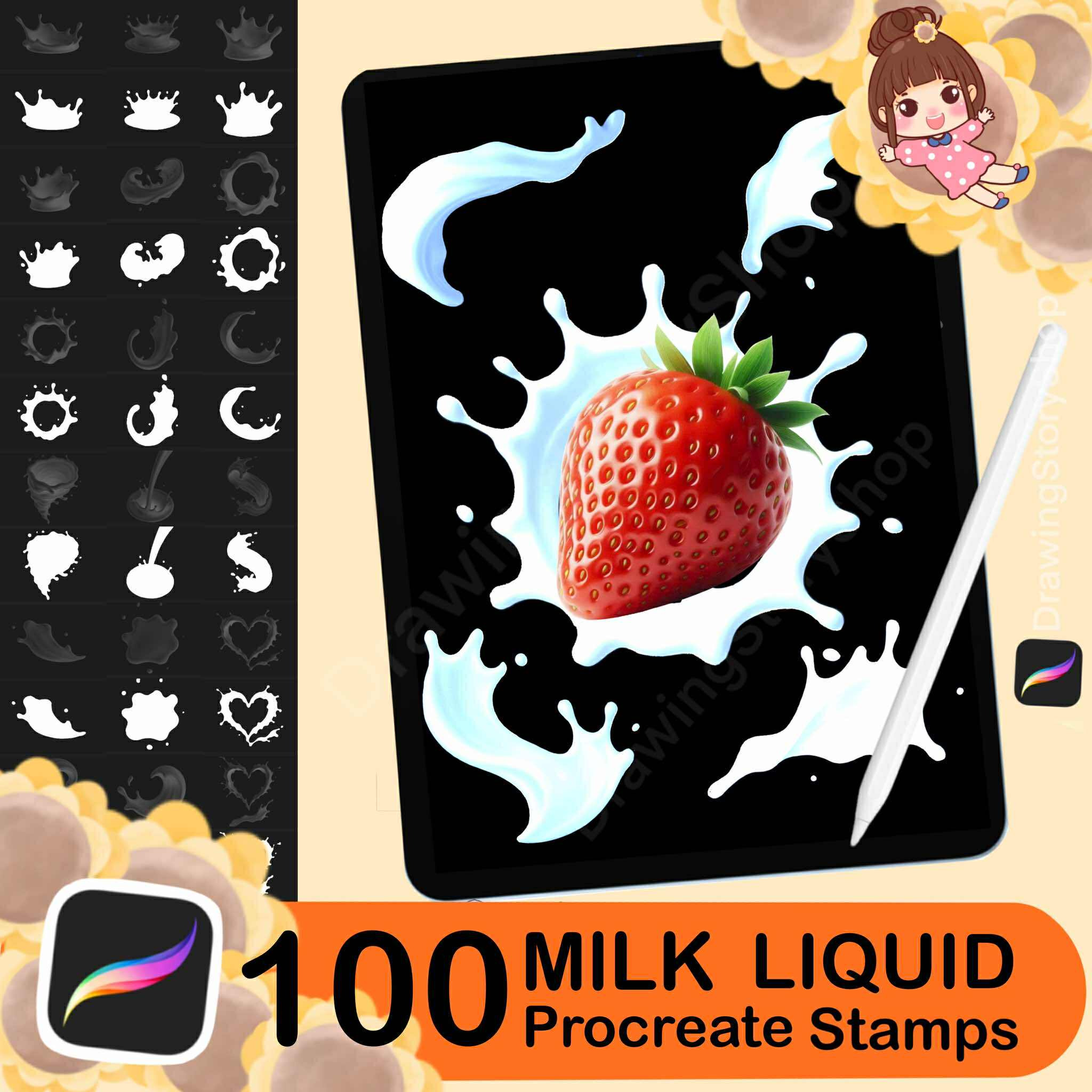 100 Procreate milk liquid stamps, a Brush Add-On by DrawingStoryShop