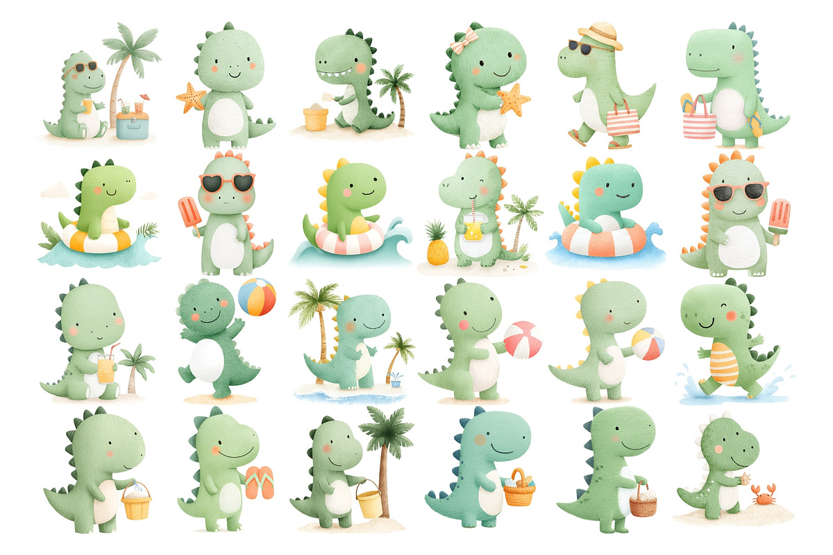 Beach Dino Watercolor Clipart PNG, a Seasonal Illustration by Nicolle's Colorful Art (Photo 3 of 4)