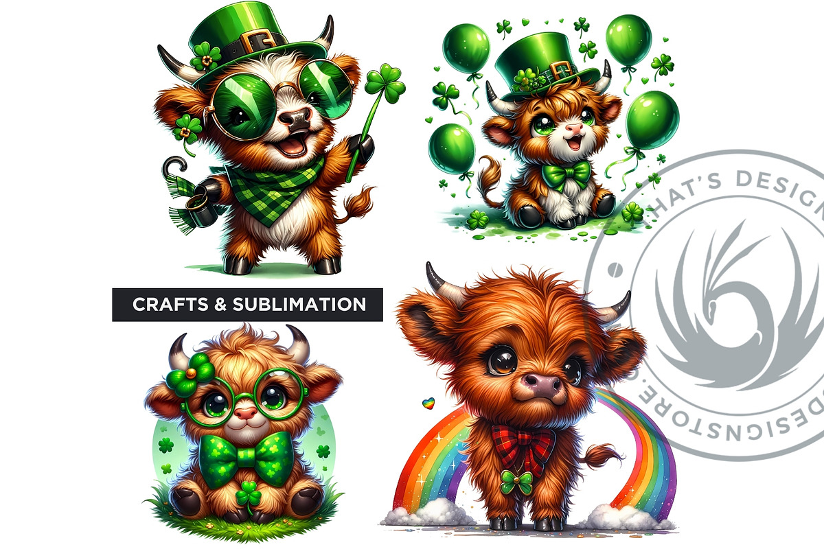 St Patricks day Highland Cow Clipart, an Animal Illustration by ThatsDesignArt (Photo 8 of 10)