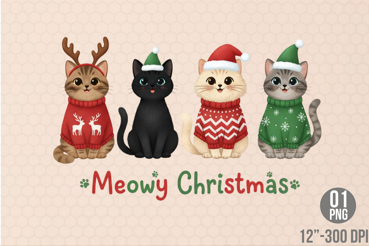 Meowy Christmas Cats PNG, an Illustration by Designking (Photo 1 of 4)