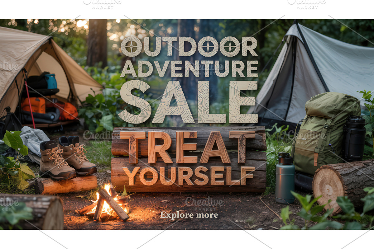 Camping gear setup with tents, boots, an Illustration by tilialucida