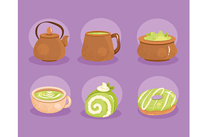 matcha tea six icons, a Food Illustration by studiogstock