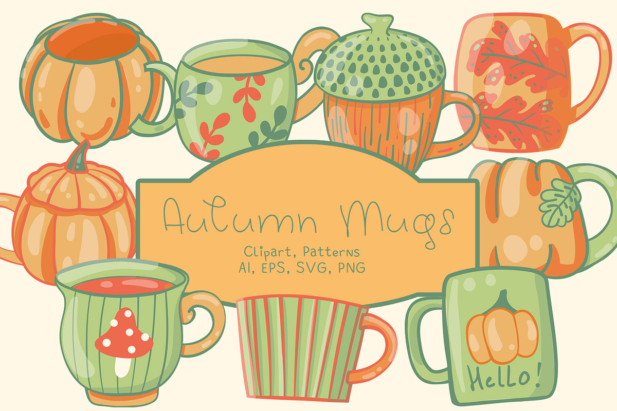 Autumn Pumpkins Mugs clipart pattern, a Seasonal Illustration by Carpet Tapete Pretzel (Photo 1 of 9)
