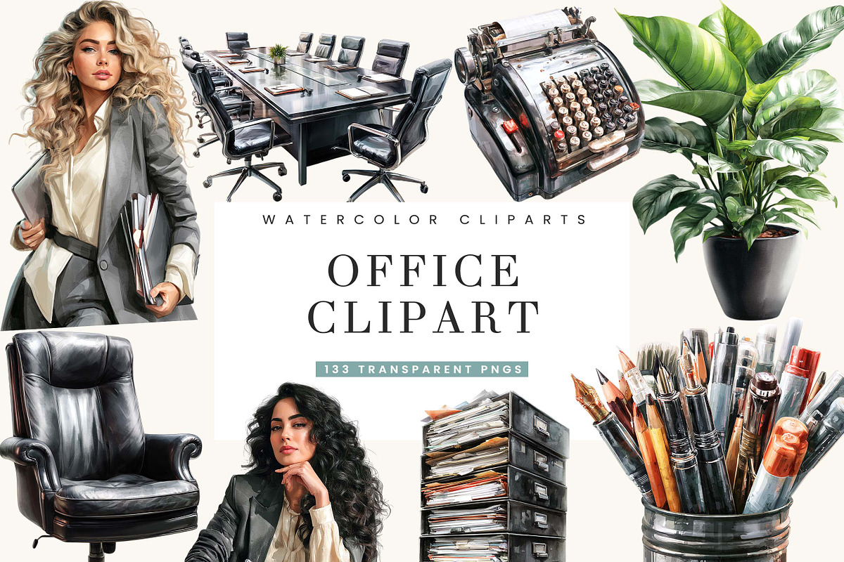 Watercolor Office Clipart Bundle, a Work Illustration by BusyDaydesign (Photo 1 of 9)