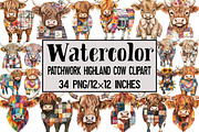 Patchwork Highland Cow Clipart, an Illustration by Design Market (Thumbnail 1 of 3)