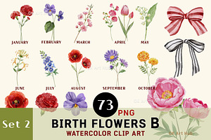 Watercolor Birth Month Flowers & Bow