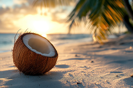 Fresh coconut on sandy beach on seaside background, a Food & Drink Photo by AlyaAnd