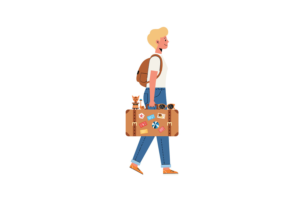 A cheerful traveler with a suitcase, an Illustration by designvectx