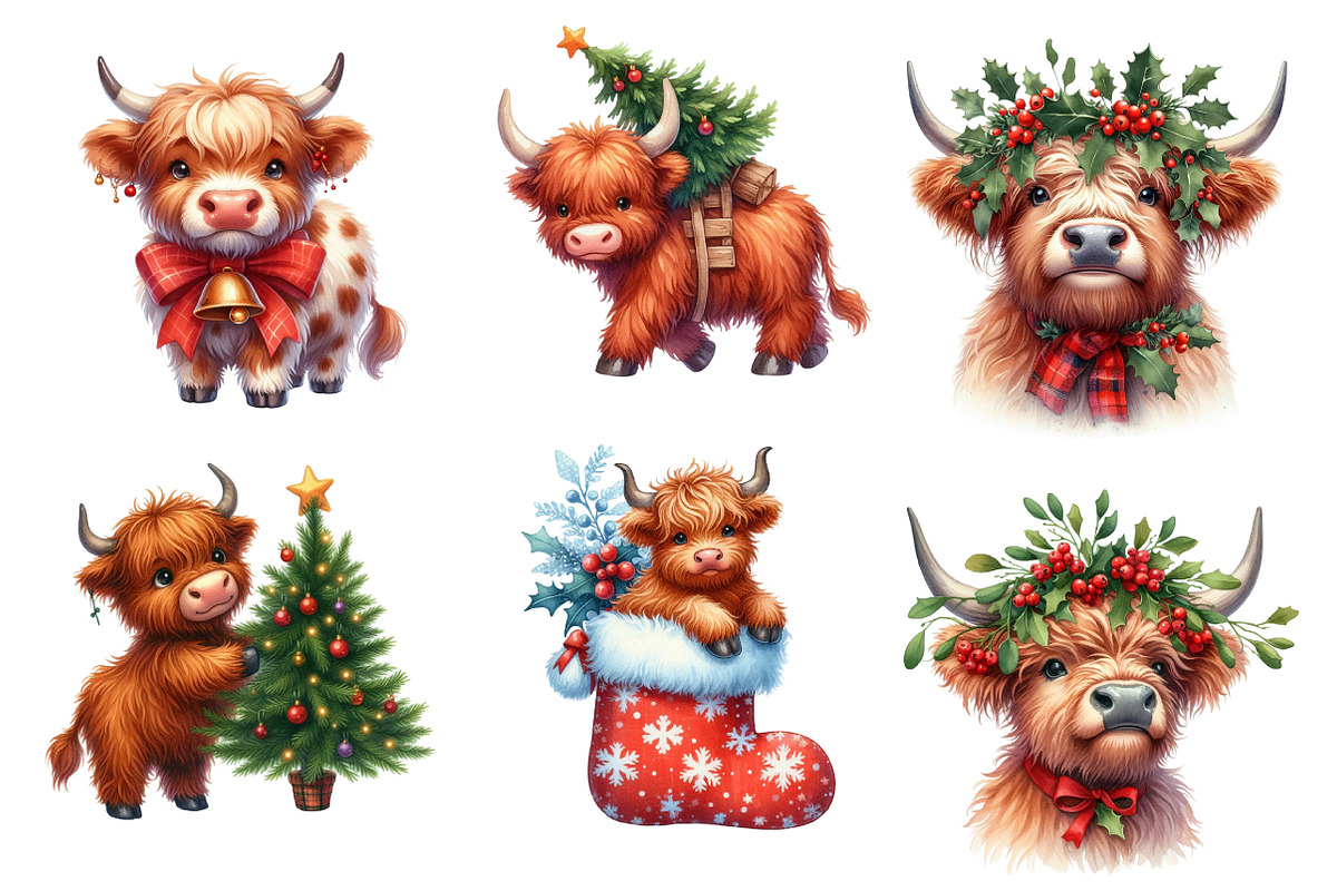 Christmas Highland Cow Clipart, an Illustration by SinaCreation (Photo 5 of 7)