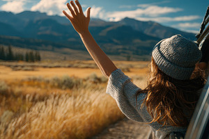 Woman in car waving at mountain land, a Photo by Pixeness Studio