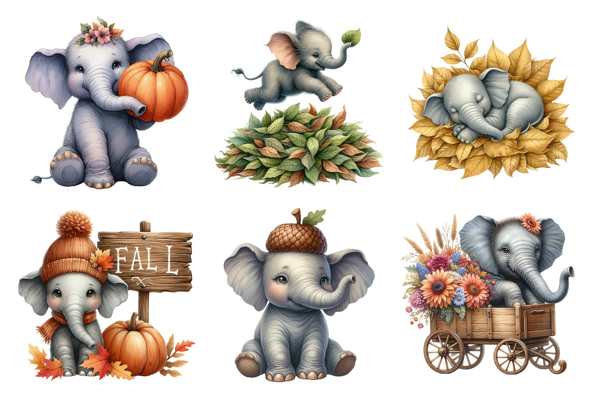 Watercolor Autumn Elephant Clipart, an Illustration by Daily.Designs (Photo 2 of 5)