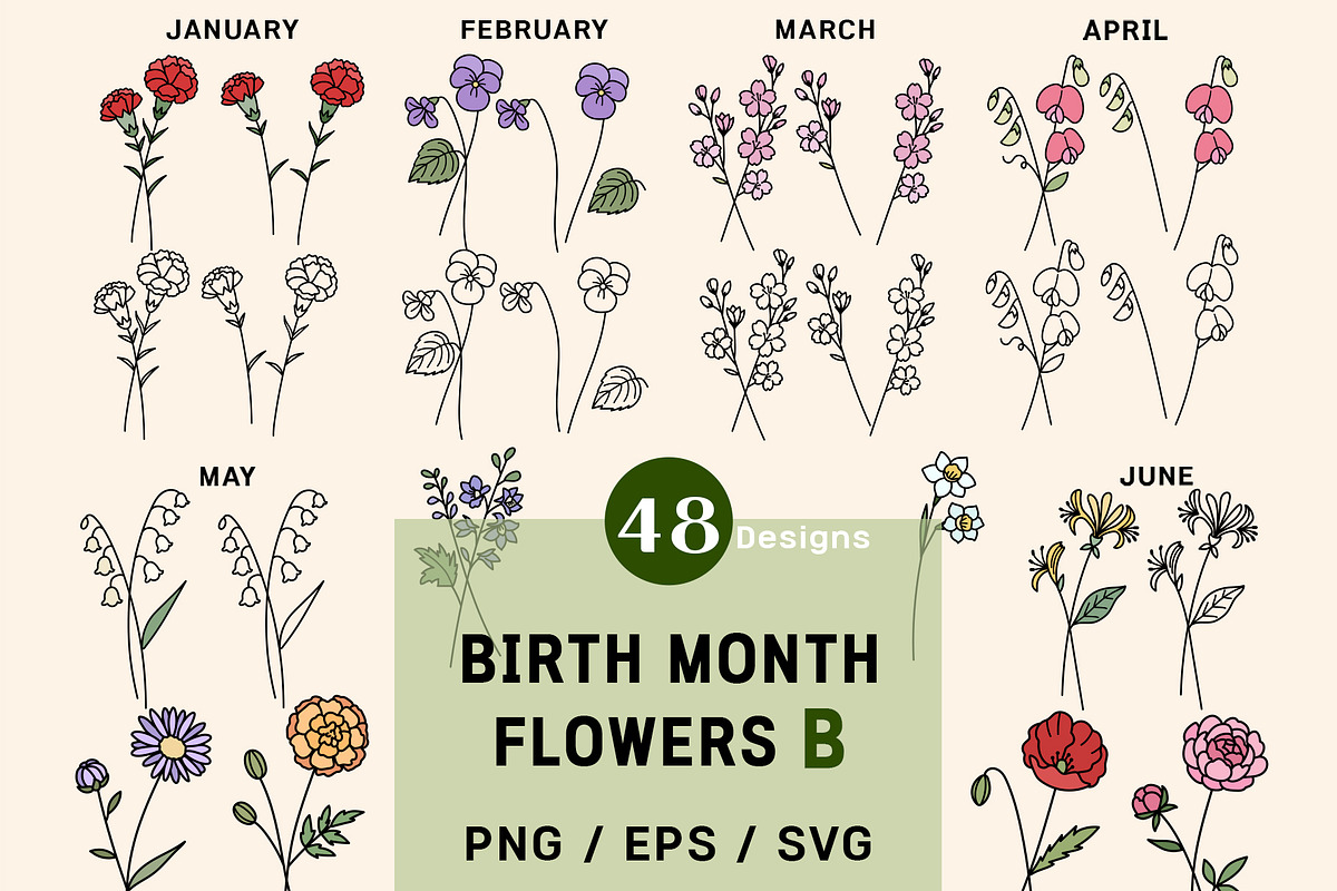 Birth Flowers Vector Clipart_B, a Decorative Illustration by OKArtHub (Photo 1 of 9)