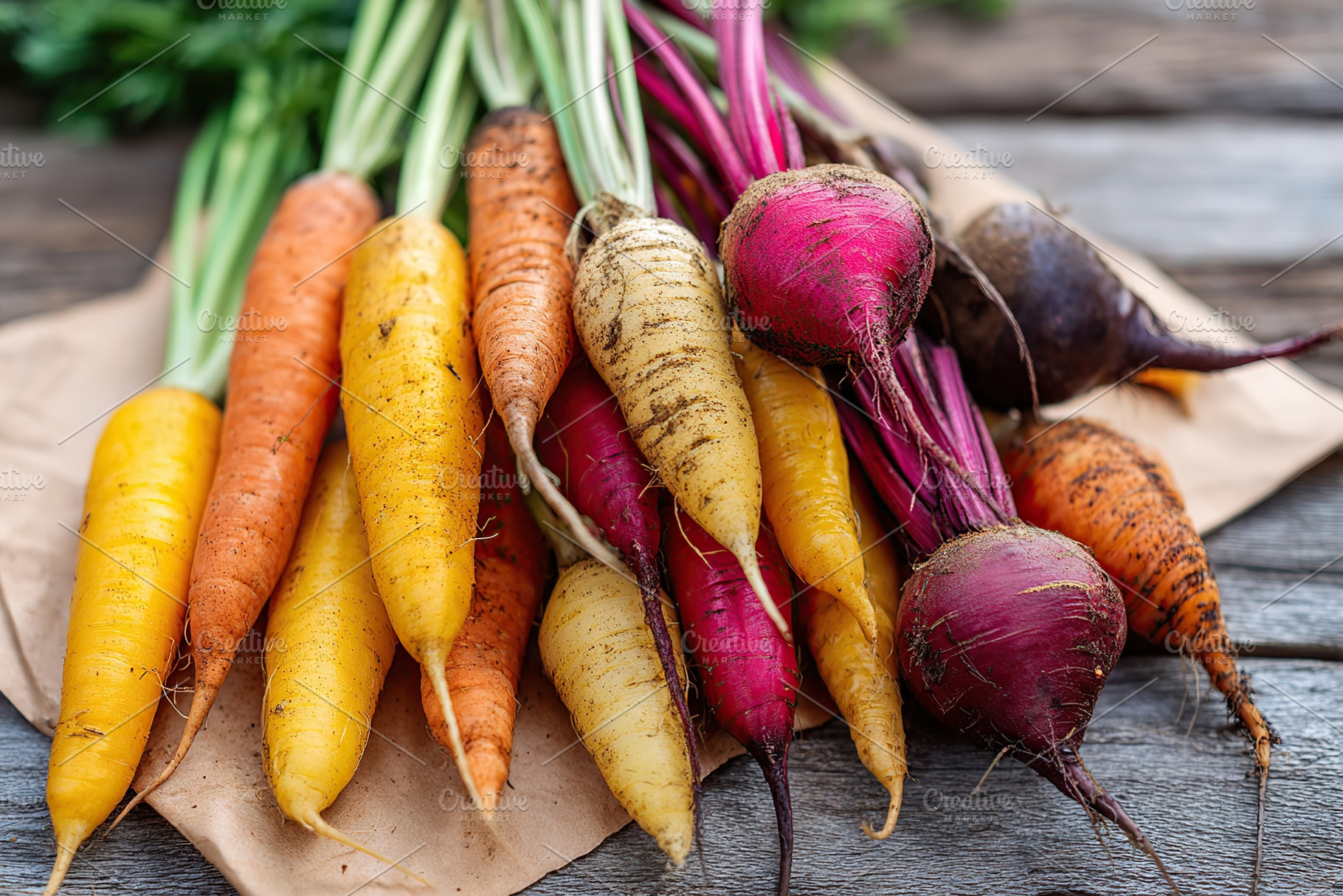Freshly harvested seasonal root vegetables with vibrant colors and textures rea, a Photo by AlyaAnd