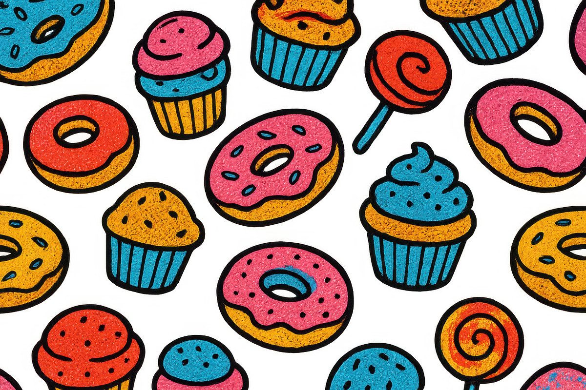 Seamless pattern of colorful donuts,, an Illustration by Dvoevnore photos
