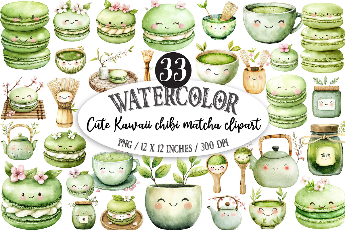 Cute Kawaii chibi matcha clipart, a Seasonal Illustration by Designking (Photo 1 of 5)