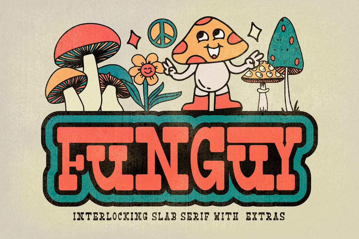 Funguy - Interlocked Slab Serif Font, a Slab Serif Font by The Pretty Letters (Photo 1 of 11)