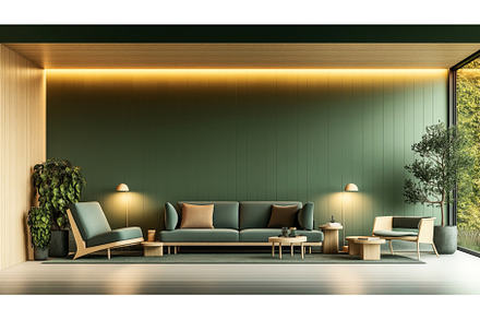 Modern living room with green sofas, a Technology Photo by Sergey Kotenev