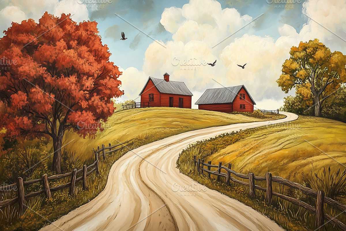 Fall Country Road to Red Barn Print, a Decorative Illustration by Art Paradise Studios