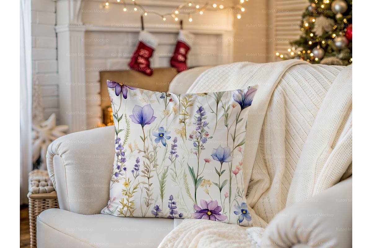 Holiday Living Room Pillow Scene, a Product Mockup by MockupWizard (Photo 4 of 5)