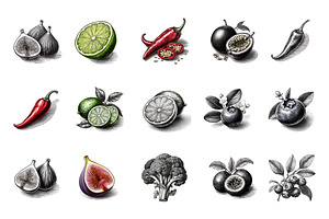 Fruits and Vegetables Black Engraved