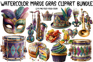 Watercolor Mardi Gras Clipart Bundle, an Illustration by Designworld