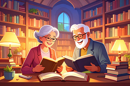 Elderly couple with books studying together in a library