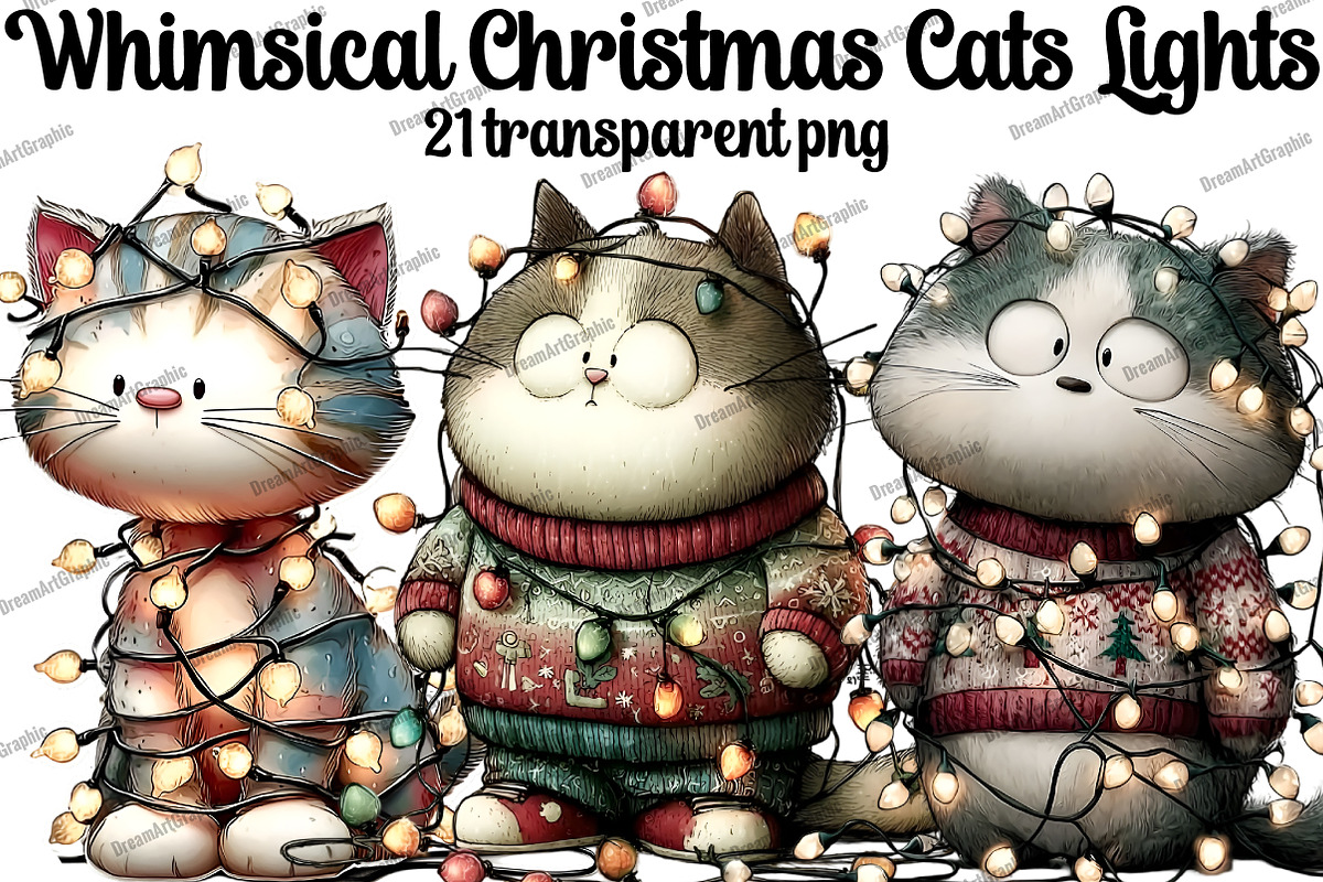 Whimsical Christmas Cats Lights, an Illustration by DreamArtGraphic (Photo 1 of 4)