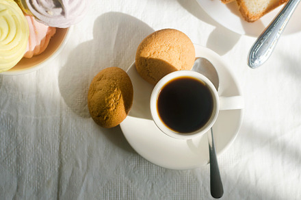 Breakfast with coffee, sweets and toast., a Food & Drink Photo by vimart