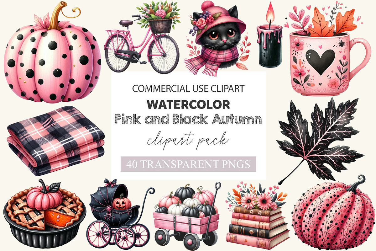 Pink and Black Autumn Clipart, a Work Illustration by cherrydesign (Photo 1 of 3)