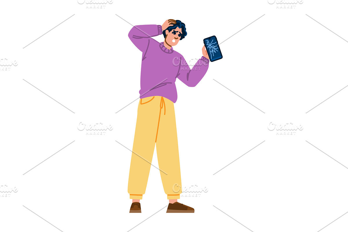 Shocked young man holding broken, a Technology Illustration by pikepicture