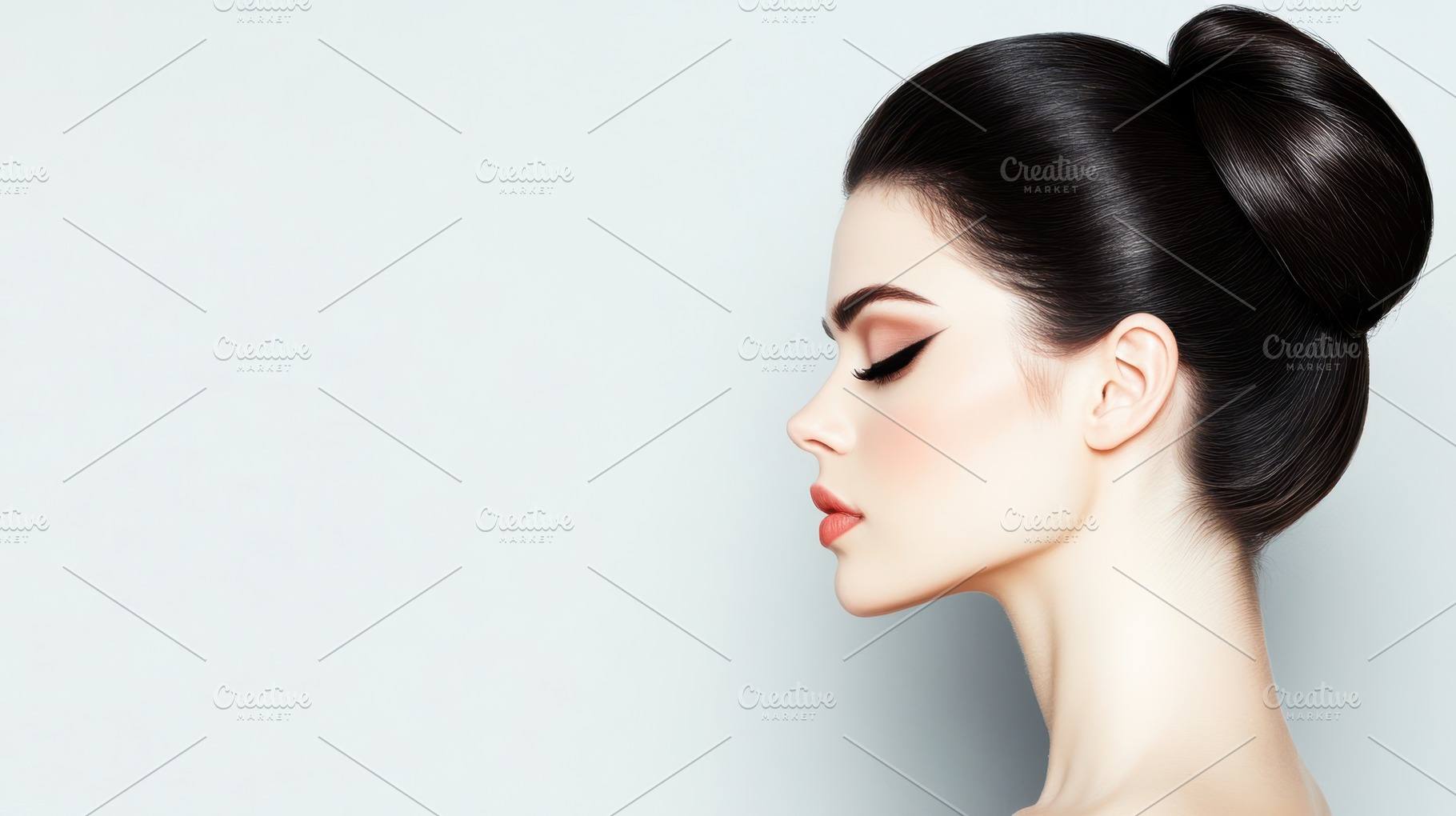 A stylish woman with sleek dark hair in a formal bun, glowing skin, and dramati, a Person Photo by Mashimara