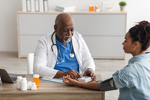 Black male doctor checking measuring pressure on patient's hand, a Photo by Prostock-Studio