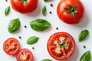 Tomatoes with green basil leaves, is, a Food & Drink Photo by Pixeness Studio