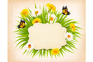 Spring Banner With Grass And Flowers