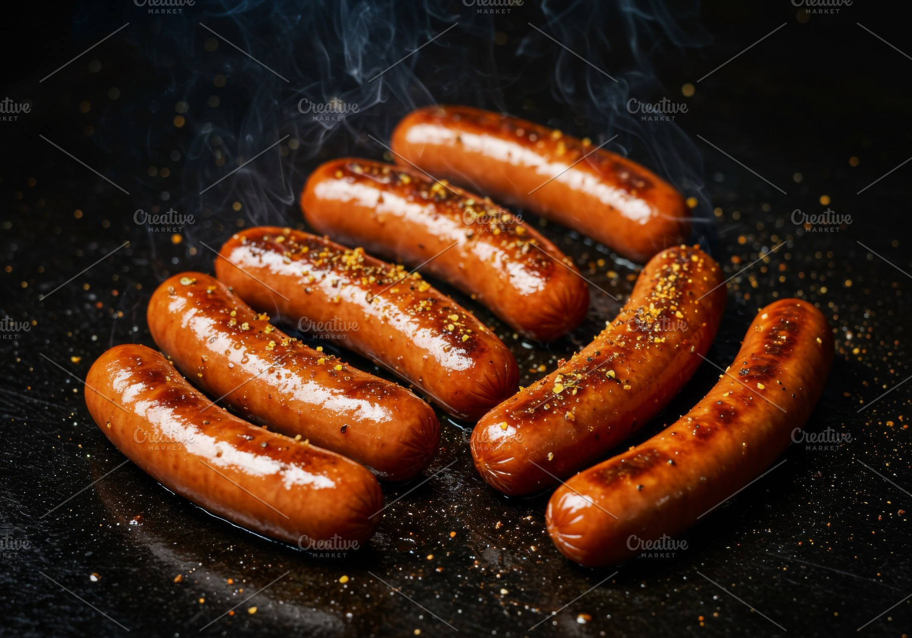 Grilled sausages sizzling on hot sur, a Food & Drink Photo by professorinc