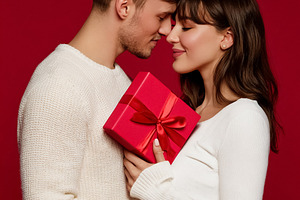 Young couple exchanging Valentine's Day gift, celebrating love a, a Photo by Studio ANNA