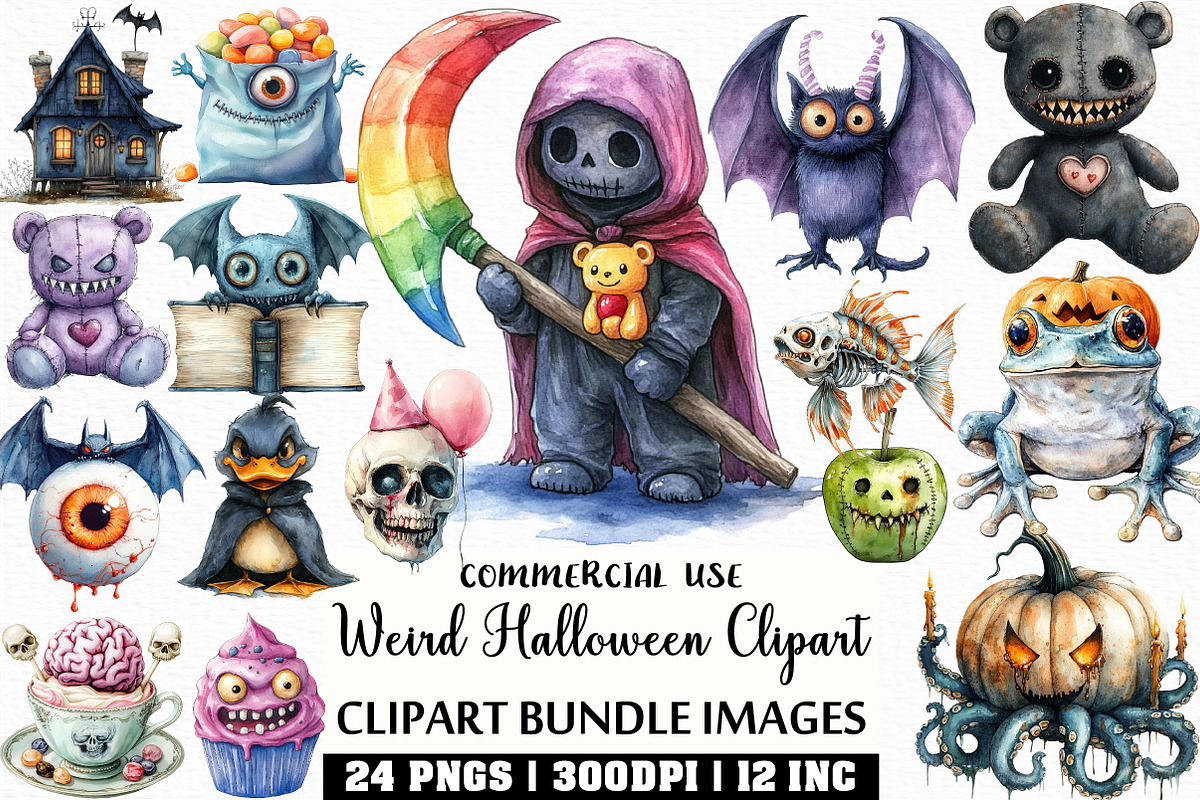 Watercolor Weird Halloween Clipart, an Illustration by Craft Nest (Photo 1 of 6)