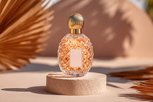 Elegant perfume bottle showcased on a textured pedestal with natural elements b, a Photo by AlyaAnd