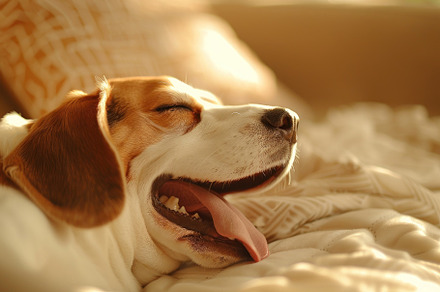 Cozy Beagle Enjoying a Relaxing Yawn on a Comfy Sofa - Generativ, an Animal Photo by José Manuel Gelpi
